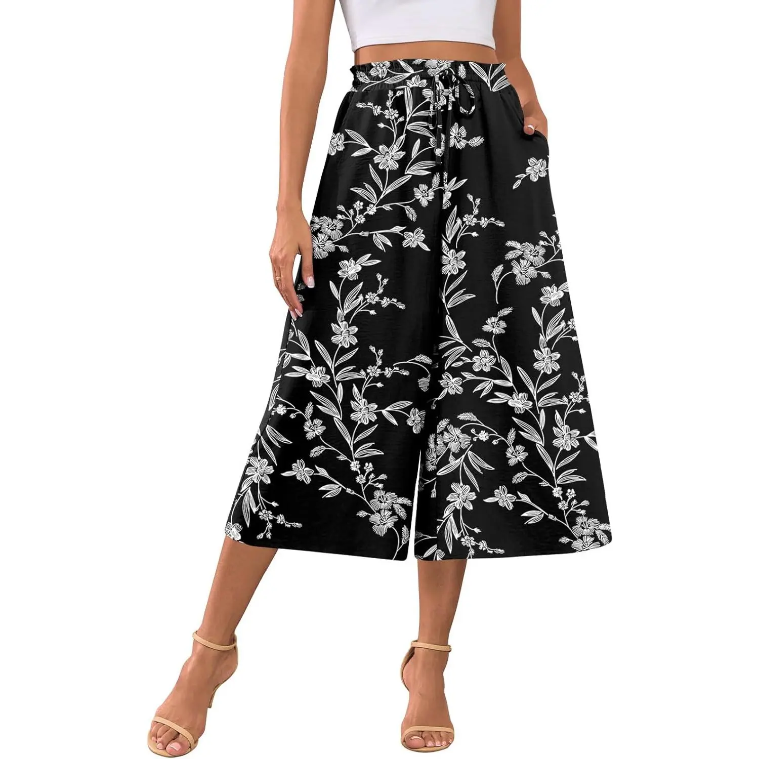 Womens Capri Palazzo Pants Dressy Casual Wide Leg Pants Business Slacks with Pockets Womenswear Bottoms