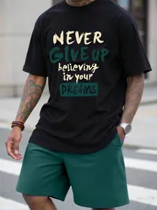 Men's T-shirt, comfortable and stylish for everyday wear, featuring the phrase "Never Give Up," made from 100% cotton Heavyweight Drop Shoulder Tees Funny AI Baby Holding unisex graphic top blue jeans white Street Style All-Over Print