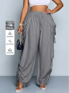 Women's Casual High Waist Wide Leg Pants, Loose-Fitting Long Trousers with Adjustable Side Drawstring, All-Season Woven Fabric for Daily Commute & Vacation
