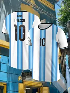 Men's Argentina Soccer Jersey T-Shirt Featuring blue and white vertical stripes Lightweight and breathable for comfort Durable and washable with minimal shrinkage The perfect gift for soccer fans