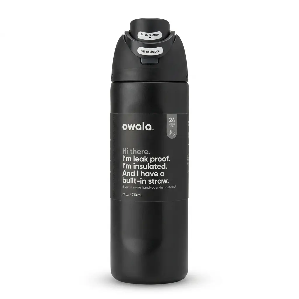 Owala FreeSip Insulated Stainless Steel Water Bottle, Matte Very Very Dark (All-Black)