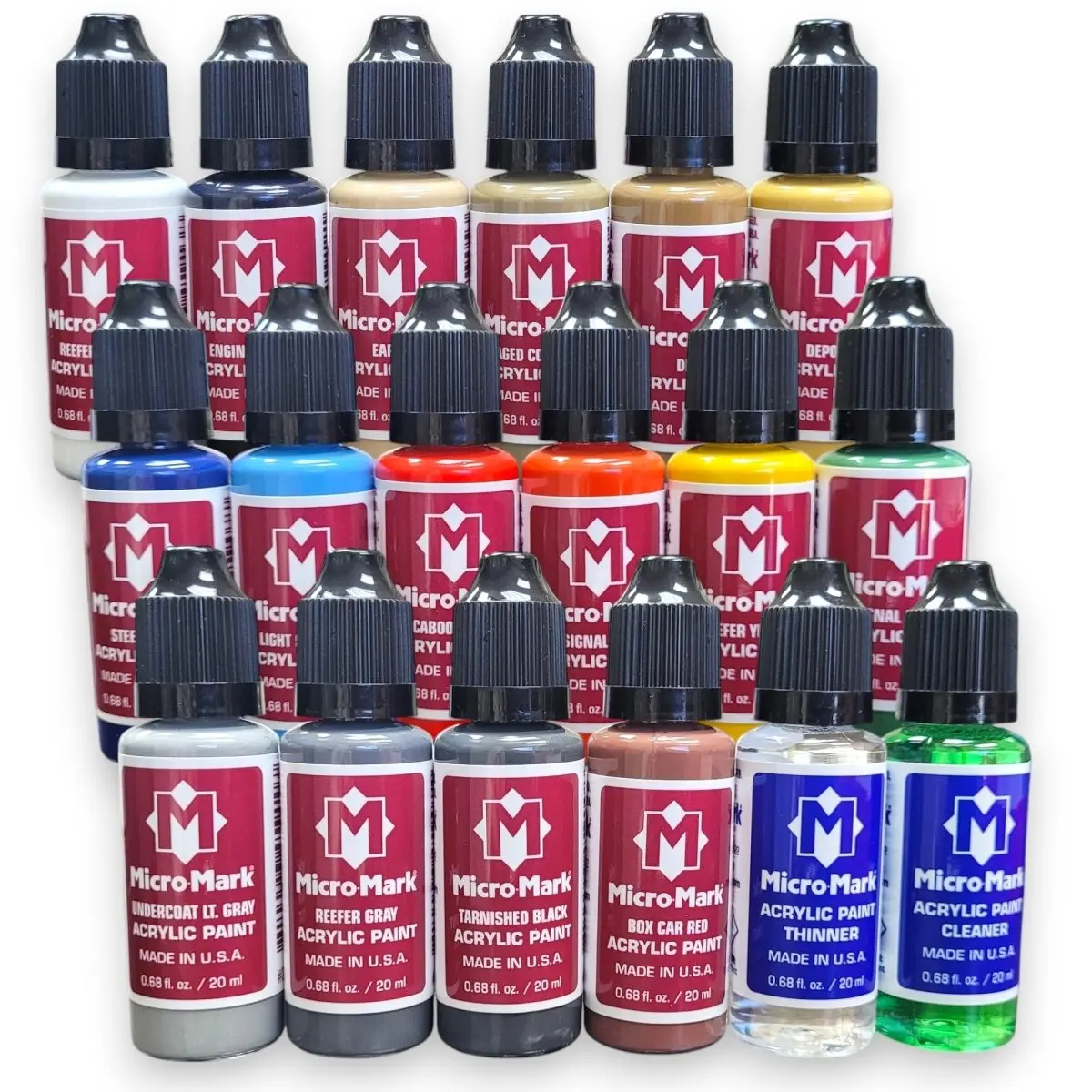 Micro-Mark Railroad Model Color Acrylic Paint Set - 16 Premium Water-Based Colors for Locomotives & Dioramas - Made in USA - Clean Matte Finish - Art Supplies