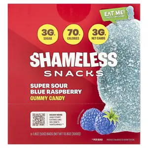 Shameless Snacks Gummy Candy, Super Sour Blue Raspberry, 6 Bags, 1.8 oz (50 g) Each