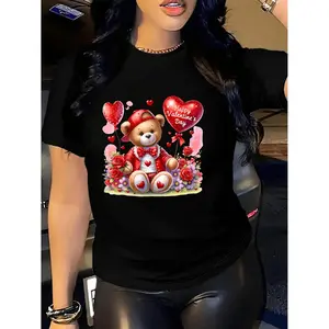 Valentine's Day Women's Cute Teddy Bear and Heart Print T Shirt Soft Round Neck Casual Top with Adorable Bear and Heart Design Machine Washable Blouse for Spring Summer Fall Comfortable Fabric