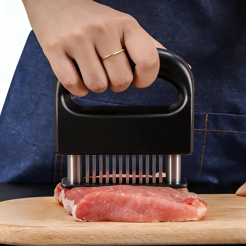 Meat Tenderizer - Single Unit ABS Kitchen Utensil with Ergonomic ABS Handle, Rectangular Base, 48 Rust-Resist Stainless Steel Ultra-Sharp Needles, Auto-Retract Design for Beef, Pork Cooking Prep, Quick-Clean Gadget