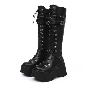 VIMISAOI Platform Knee High Boots for Women Round Toe Chunky High Heels Zipper Buckle Lace Up Motorcycle Punk Goth Boots Combat Women Tall Boot Summer Shoes