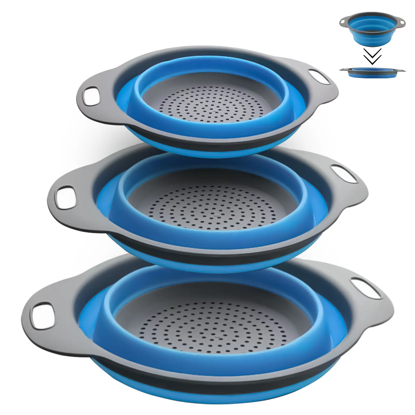 Collapsible Colander Set of 3 - Heat Resistant Washing and Draining of Vegetables Fruits Pasta - Perfect for Kitchen and Travel Use (3PCS-Blue)