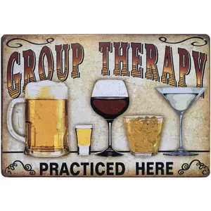 Retro Tin Metal Sign Bar Cave Beer signs for Cafe Bar Pub Beer Club Wall Decor Group Therapy Practiced Here 12"x 8"
