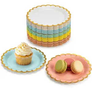 50 Pcs 7 Inch Small White Paper Plates with Gold Scalloped Rim, Disposable Plates for Party Wedding Baby Shower Easter Birthday Dessert
