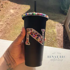 22oz Matte Bling Rhinestone Initial Tumbler with Lid