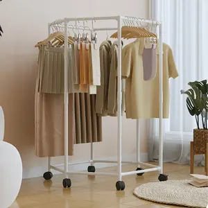1 PCS Mobile Hexagonal Rotating Laundry Rack with Wheels, Single Layer Dual Layer Options, Large Capacity Metal Storage Shelf for Bedroom Dormitory