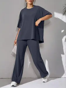 Two-Piece Dopamine, Summer Lightweight Loose Fit Short Sleeve Top + Flowy Wide Leg Pants, Casual Home & Commute Wear, Womenswear