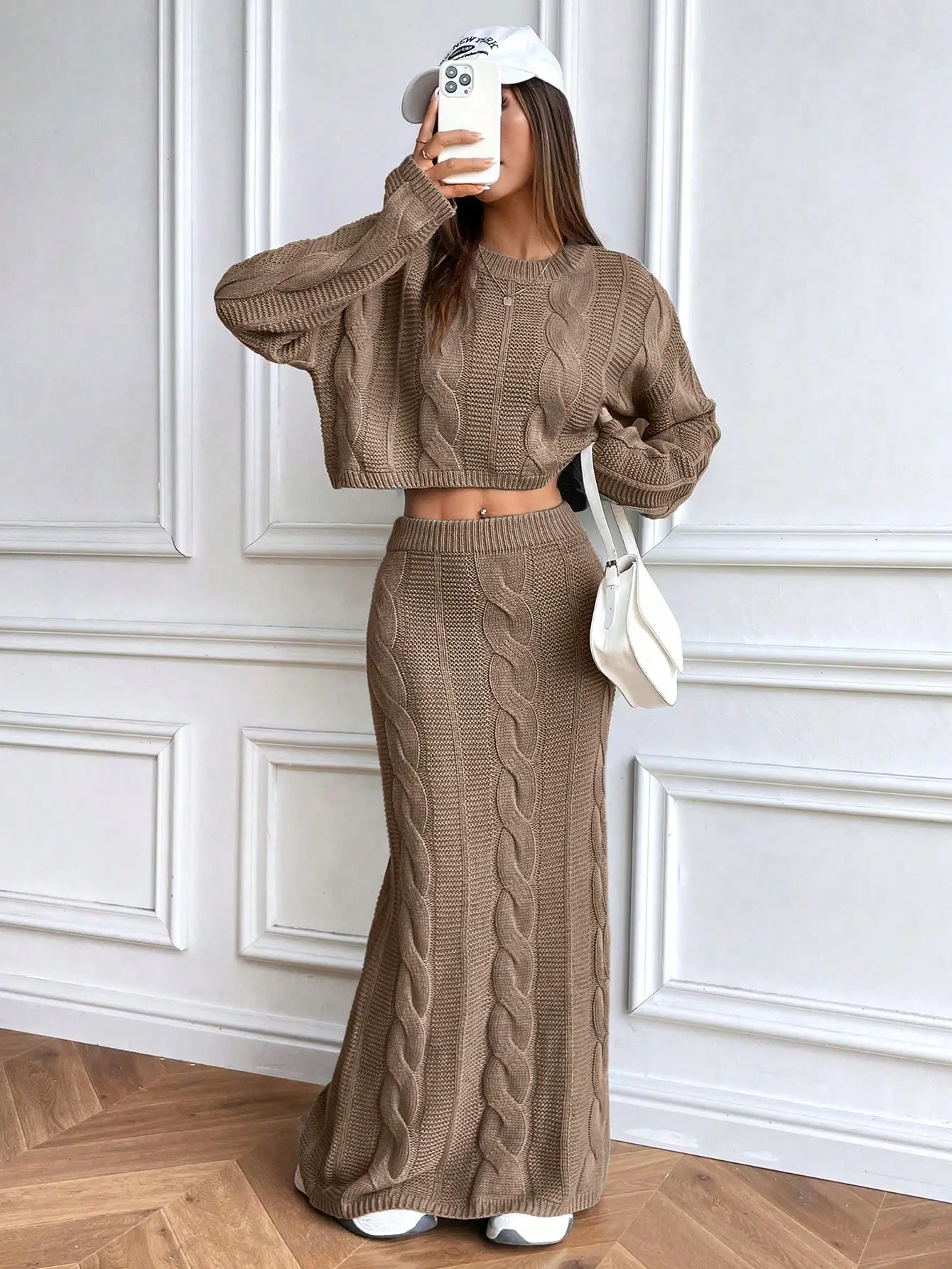 Women's 2-Piece Sweater Set, Chunky Cable Knit Matching Pullover and High Waist Ribbed Maxi Skirt, Comfortable Streetwear Women's Clothes, Top, Cropped Skirt & Top Sets, Textured Woven Fabric, Knit Suit Skirt & Top Sets