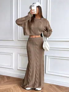 Women's Chunky Cable Knit Cropped Pullover & High Waist Maxi Skirt Set - Fitted Ribbed Two-Piece Lounge Outfit for Casual Days & Streetwear Chic