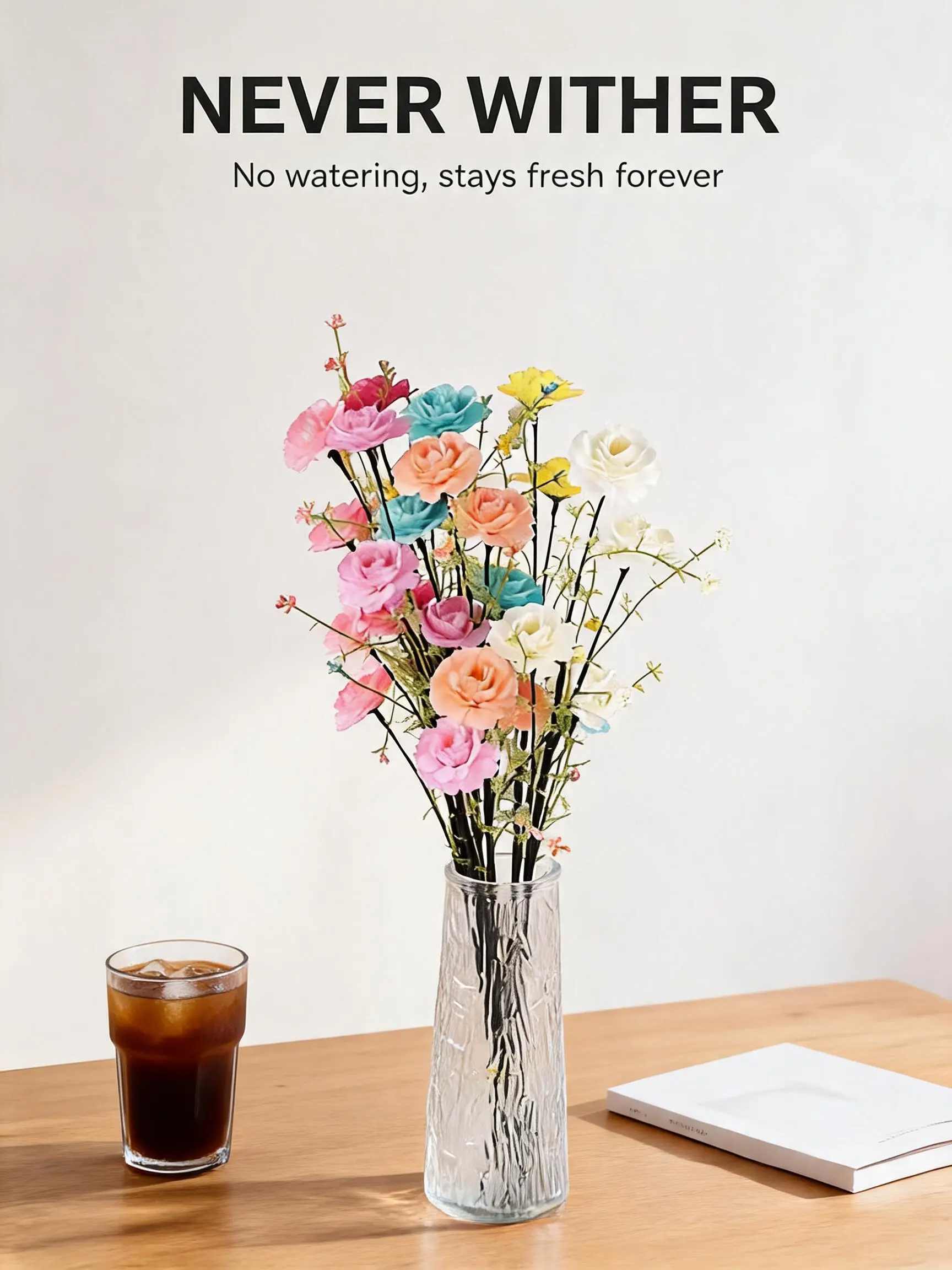 Set of 12 Long Stem Artificial Rose Bouquets No Watering Needed Faux Silk Roses with Baby Breath Flowers for Home Table Vase Decor Living Room Bedroom Multicolor