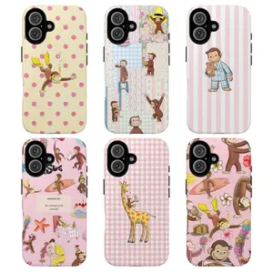 Cute Cartoon Monkey Tough Phone Case, Curious Georgeee, Fun Pink Animal Design Protective Phone Cover for Girls & Kids, Protective Cover, Pink Tone Case