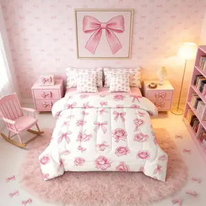 Feelyou 7-Piece Ultra Soft Microfiber Bedding Set - Multi-Size Coquette Bowknot Set with Pink Rose Floral Print, Breathable Blanket, Sheets, Bowtie Bed Bag for Preppy Princess Bedroom Decor