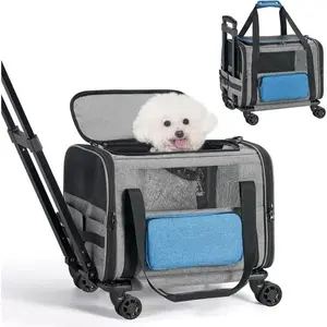 Cat Carrier with Wheels, Airline Approved Pet Carrier for Dogs 15 lbs with Telescopic Handle, Small Dog Bag with Wheels Removable, Soft Rolling Cat Purse with Large Pocket