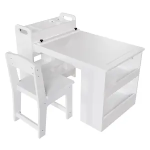 Garvee Wooden Art and Craft Table with 2 Chairs, Toddler Activity Desk Featuring Large Storage Shelves and Paper Roll Holder for Home, Nursery, and Classroom Use