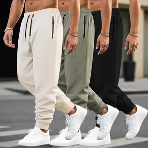 Men's 3-piece casual leggings - zipper pockets, drawstring waist, elastic fabric, full marks for fitness daily styling