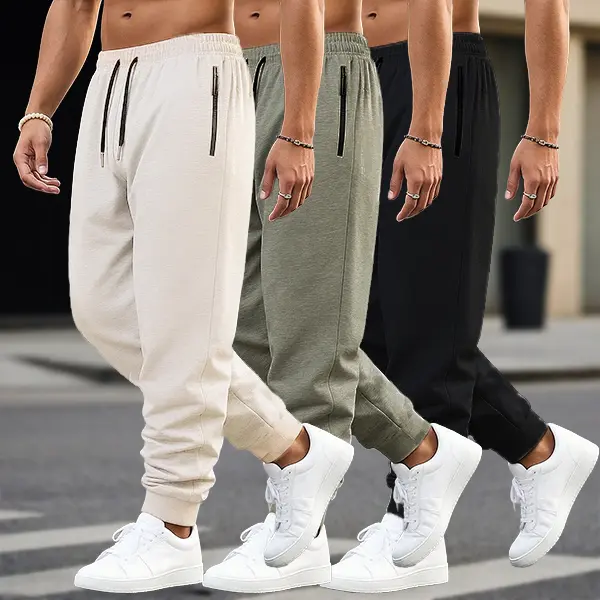 Men's 3-piece casual leggings - zipper pockets, drawstring waist, elastic fabric, full marks for fitness daily styling
