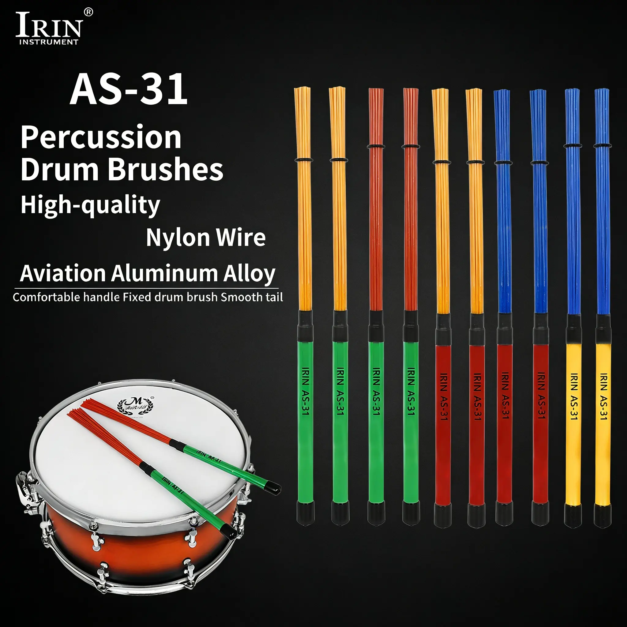 Irin High-Strength Nylon Drum Brush with Aluminum Alloy Handle, Durable and Lightweight, Ideal for Percussion Instruments