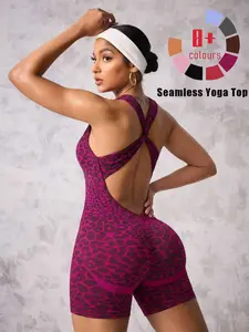 Seamless Women's Leopard Print Backless Sports Romper with High-Stretch Removable Bra Cups, Ideal for Daily Wear and Outdoor Sports, Workout Rompers