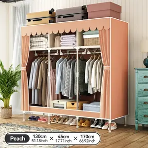 Portable Wardrobe Closet, 16mm Steel Frame Clothes Rack with Non-Woven Fabric Cover, Freestanding Closet Organizer with 3 Hanging Rods & 6 Shelves, Grey Fabric for Bedroom