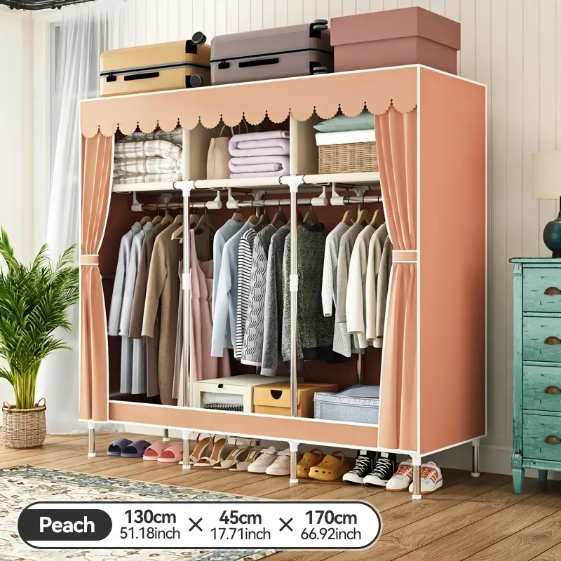 Portable Wardrobe Cabinet - 16mm Steel Frame Clothes Rack with Non-Woven Fabric Cover, Freestanding Organizer with 3 Hanging Rods, 6 Shelves, Grey Fabric Bedroom Furniture