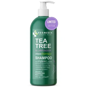 Kesmedik Tea Tree Lavender Shampoo with Mint & Rosemary, Cleanses, Cools & Soothes Dry, Itchy Scalp, Sulfate & Paraben-Free, For All Hair Types, 16 fl oz