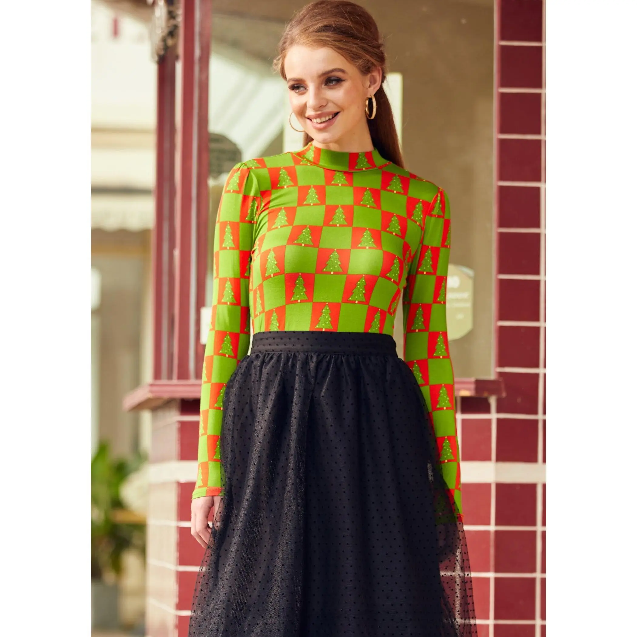 ModCloth You Got This Mock Neck Top Long Sleeve Green Checkered Christmas Tree Print (XS-4X)