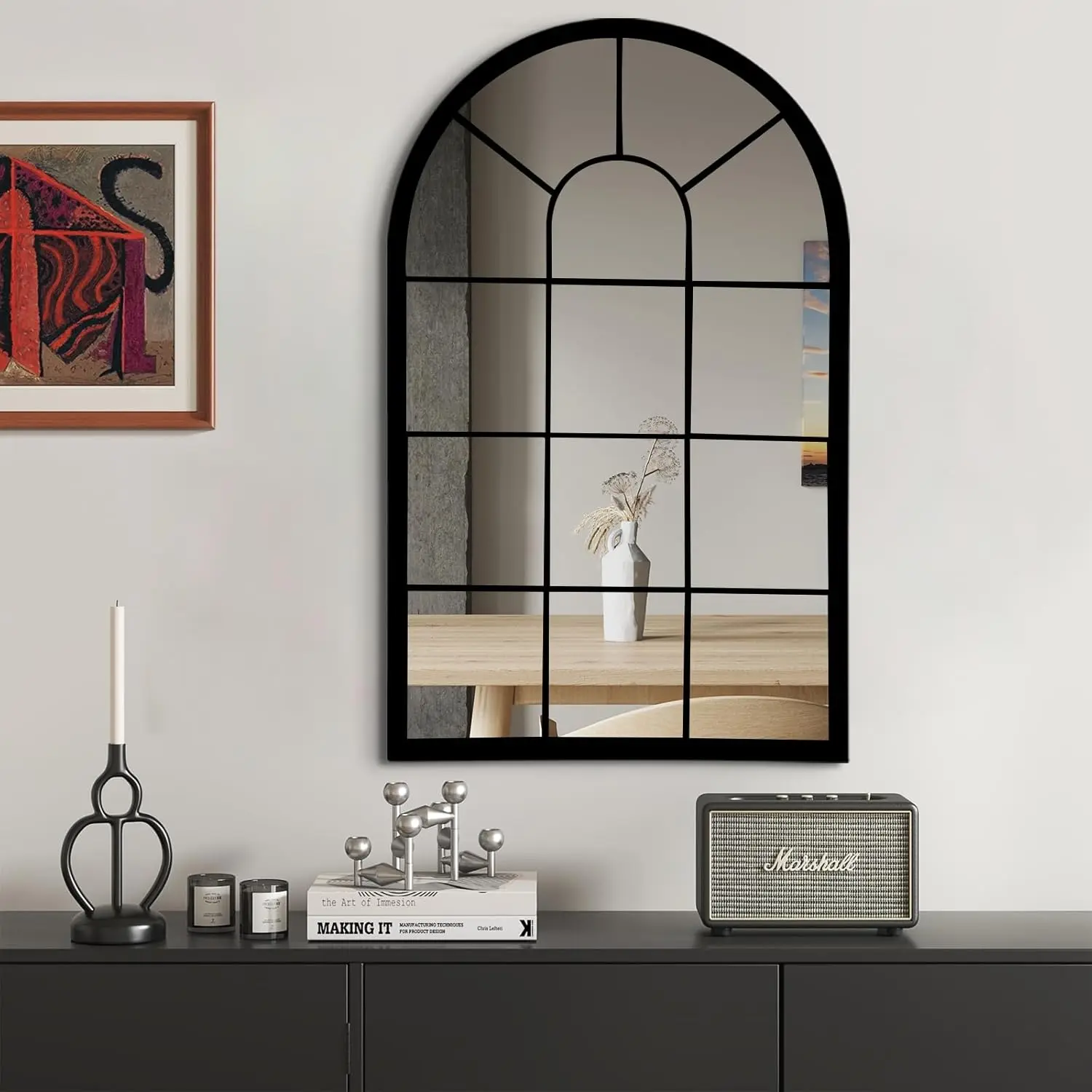 Black Arched Window Mirror, Farmhouse Decorative Wall Mirrors for Living Room, Bedroom, Entryway, Bathroom Vanity, Fireplace Mantel, Window Pane Mirror Wall Decor (Black, 31.5 x 20 x1)