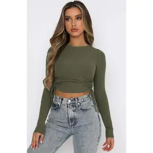 Women's Dry Crop Tops Long Sleeve Side Drawstring Ruched Shirts