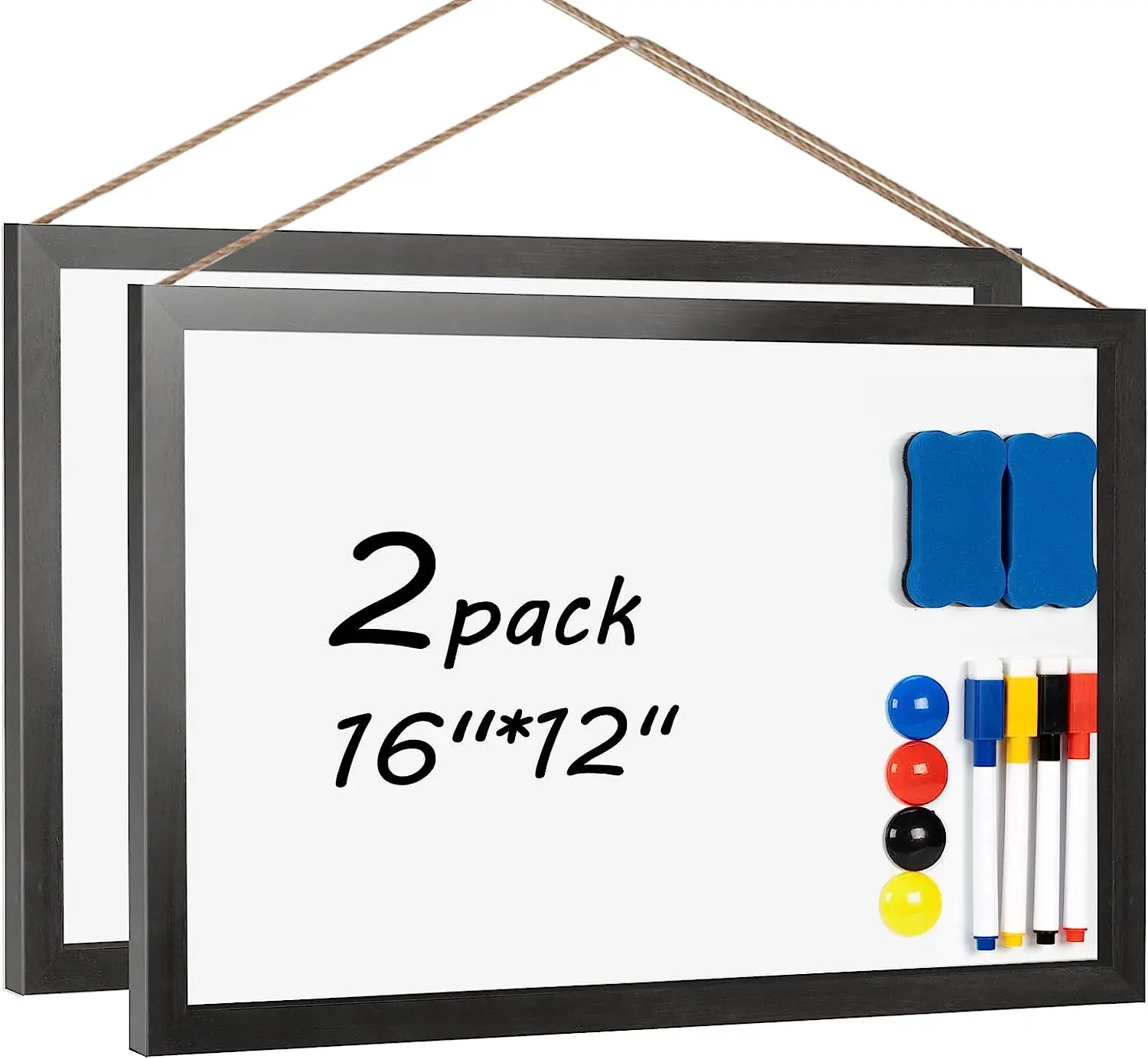 2-Pack Small Dry Erase Board Magnetic White Board Wall Hanging, 16x12"Black Wooden Frame Whiteboard with Stand for Kids Students, Mini White Boards Desk for Office Kitchen School Drawing Schedule