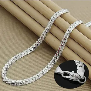 Nice Sterling Silver 6MM Full Sideways Chain Necklace For Women Men Fashion Sets Wedding Gift
