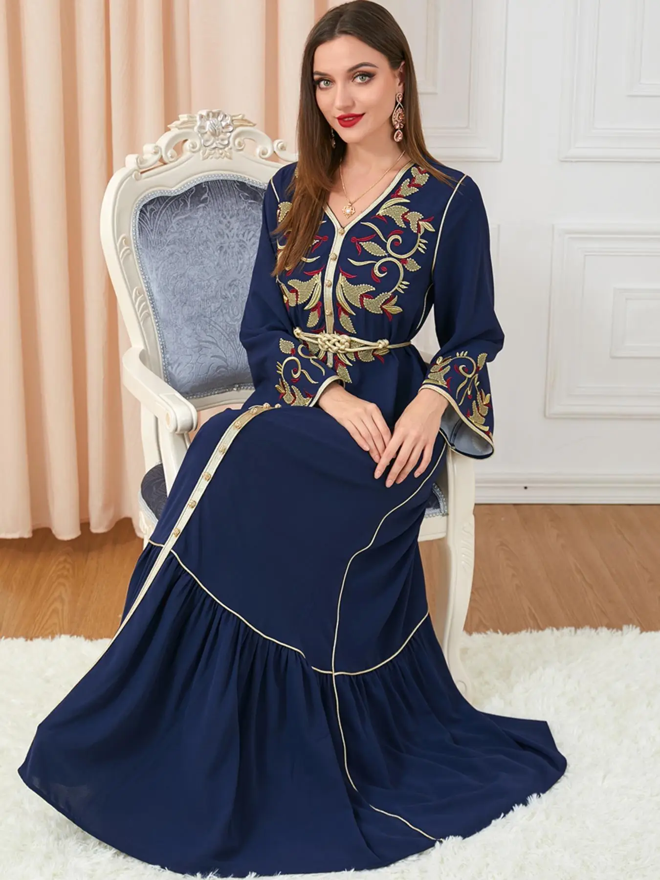 Arabic Clothing-Flounce Sleeve Belted Dress, Dresses for Women, Modest Button Front Ruffle Hem Arabian Dress, Women's Clothing for Spring & Fall