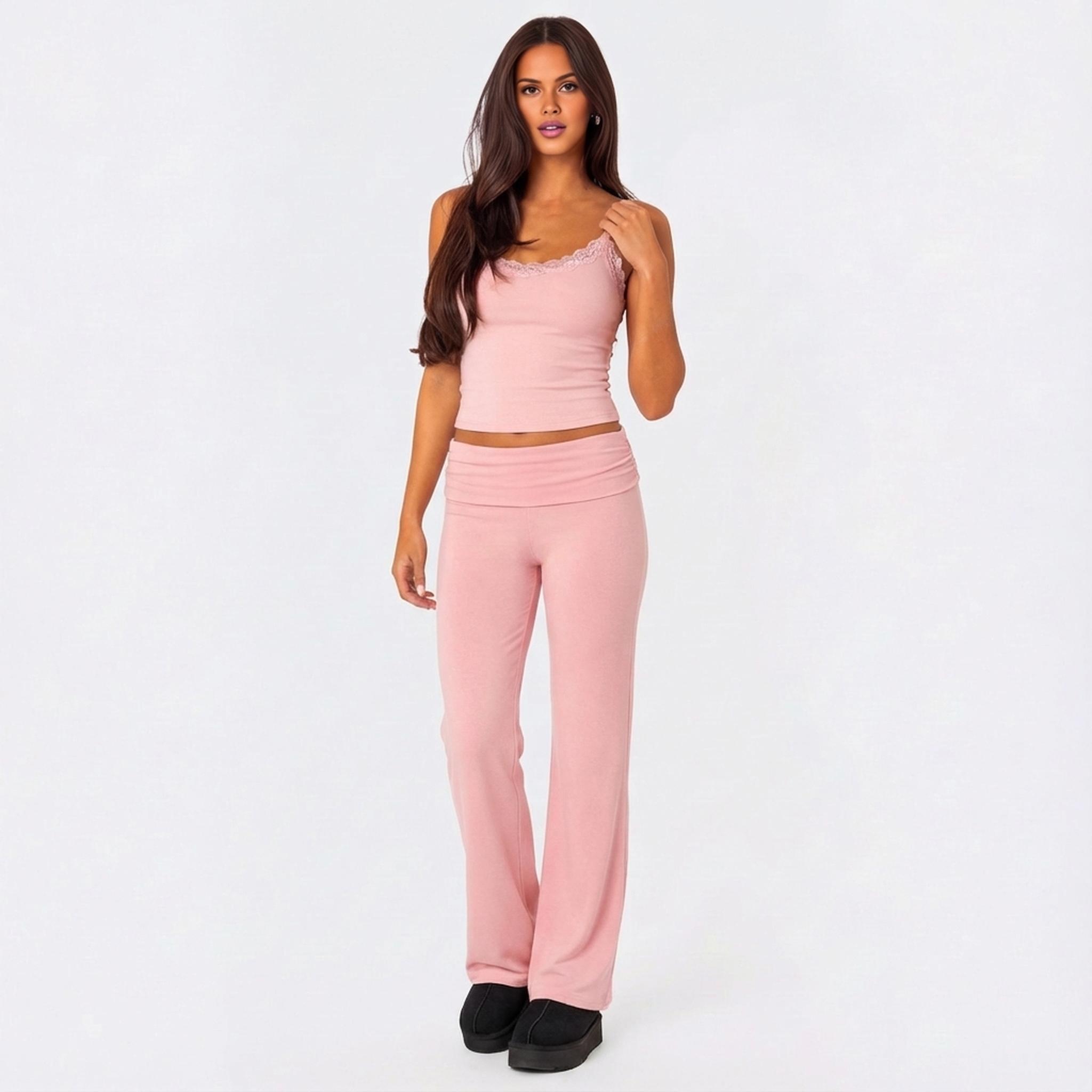 KatchMe Women's Casual Solid Color Lace Trim Ribbed Camisole & Folded Waist Slightly Flared Trousers Co-ord, Basic Thin Strap Top & Trousers Two Piece Sets