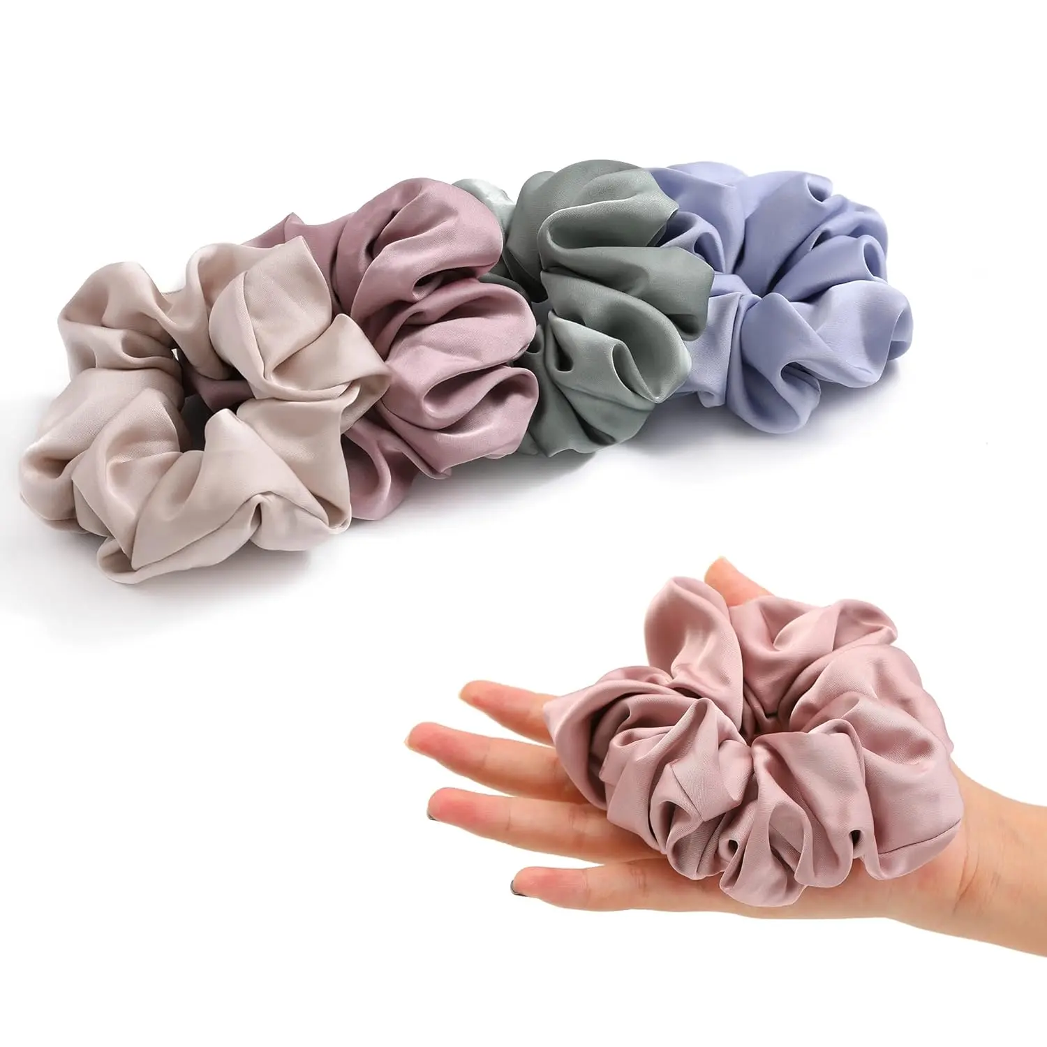 4 count Large Satin Silk Scrunchies for Women - Big Glossy Scrunchie for Thick Hair Girl Hair Ties Ponytail Holders  Scrunchies (Blue Green Rose-Red Champagne)