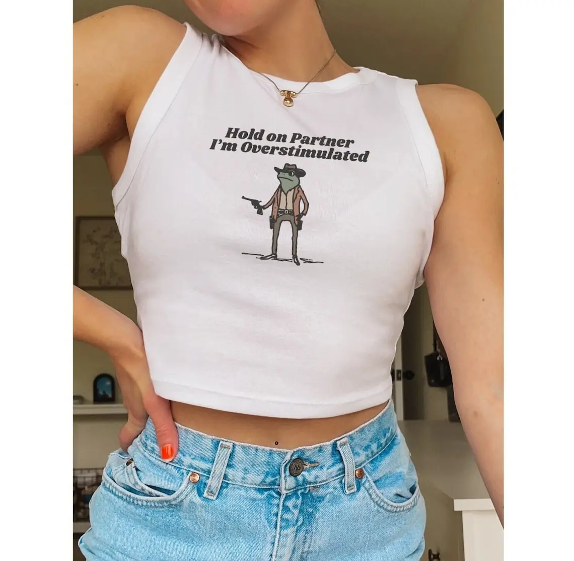 Hold On Partner Im Overstimulated Rib Racer Tank Top, Cowboy Frog Baby Tee, Silly Unhinged Crop Tank, Gen Z Tee, Bella Canvas POD Summer Tank