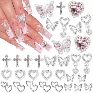 55PCS 3D Butterfly Nail Charms Silver Cross Nail Art Charms Dangle Heart Charms for Nail Heart Nail Gems Luxury Nail Jewelry
