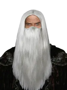Male Wizard Wig and Silver Long Beard Cosplay Costume Party Wig, Straight Synthetic Wigs, Perfect for Halloween and Themed Events