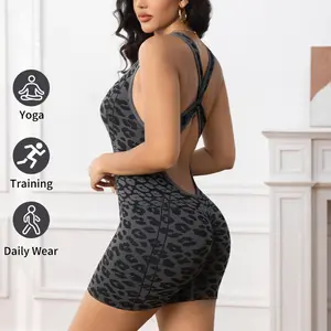 Women's Leopard Print Cross-Strap Seamless High-Elastic Tight Bodysuit, Short 1-Piece Sports Jumpsuit for Yoga, Gym Workouts