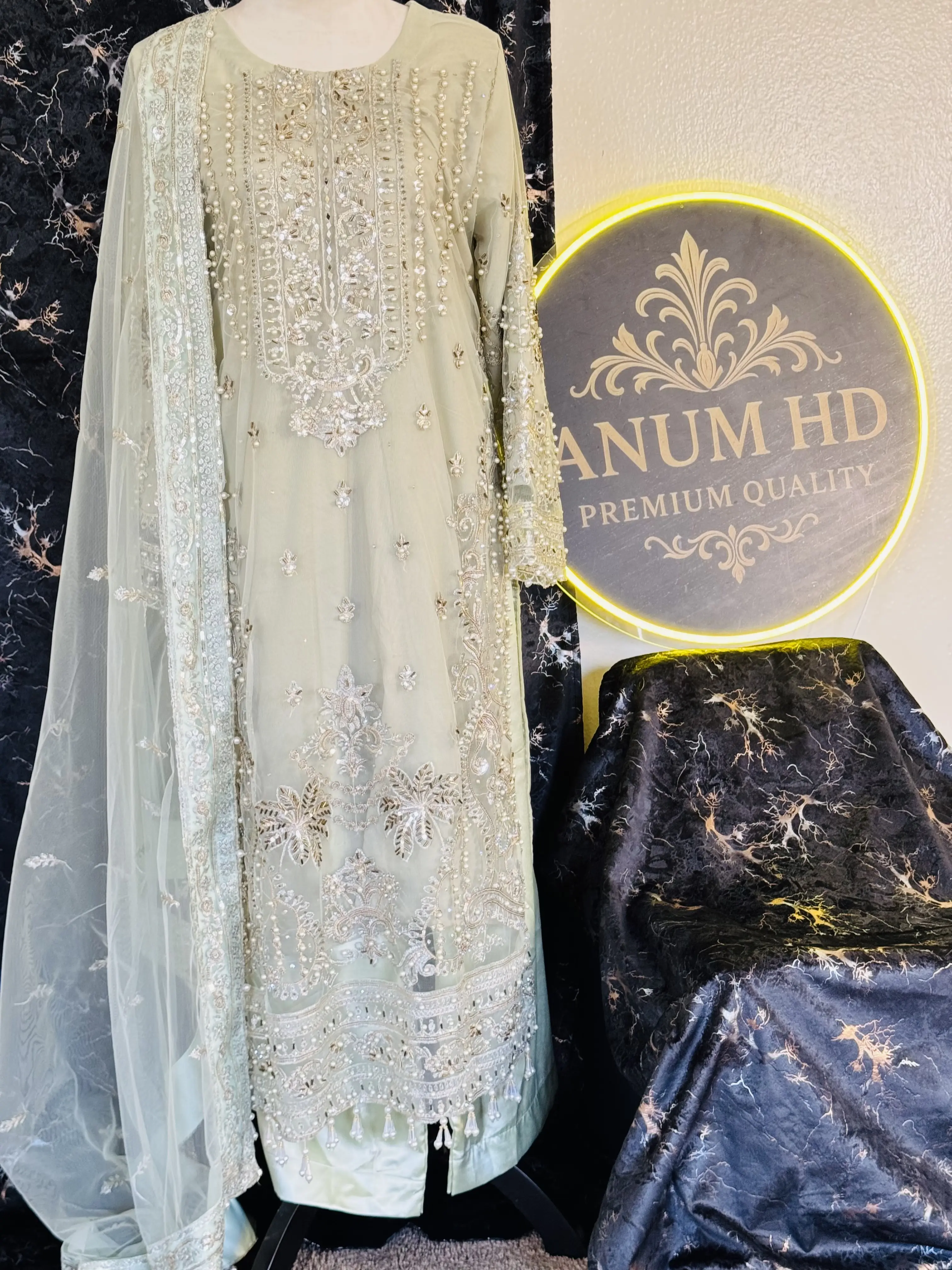 Luxury Hand-Embroidered Formal 3‑Piece Suit – Mint Silver Edition
