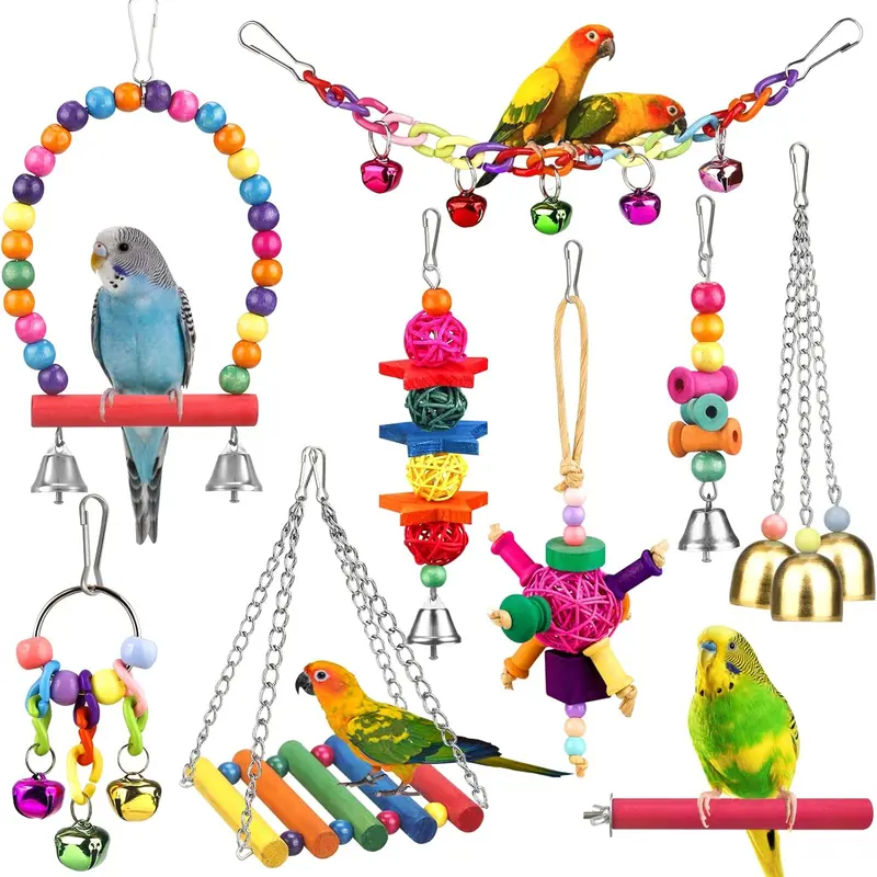 Bird Toys for Conures with Colorful Ladder Hammock Bird Cage Accerious Bird Perch Stand Chewing Toys  Bell for Parrot Parakeet Cockatiel Lovebirds