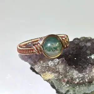 Copper and Moss Agate Ring - Hand Made, Elegant Design, Unisex, Minimal Wrap Around Stone, Calming Vibe