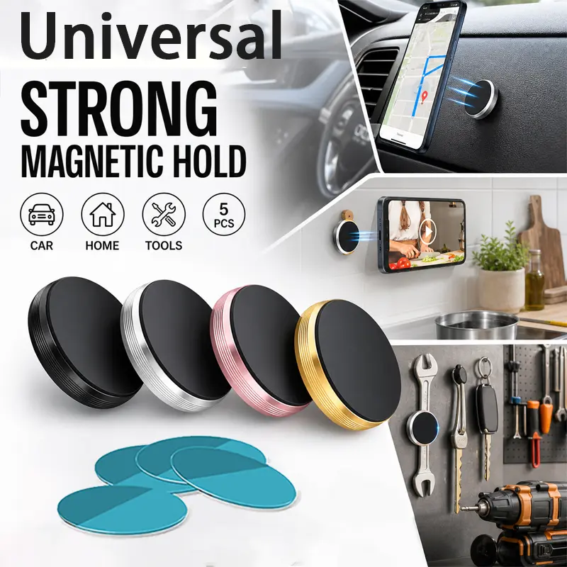 5pcs Powerful Magnetic Mobile Phone Holder Set - Universal Car Dashboard Mount, Secure Device Holder with Metal Back Plates for iPhone, Samsung, Wall & Refrigerator Compatibility