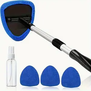 Windshield Cleaning Tool, Microfiber Car Window Cleaner with 4 Reusable and Washable Microfiber Pads and Extendable Handle