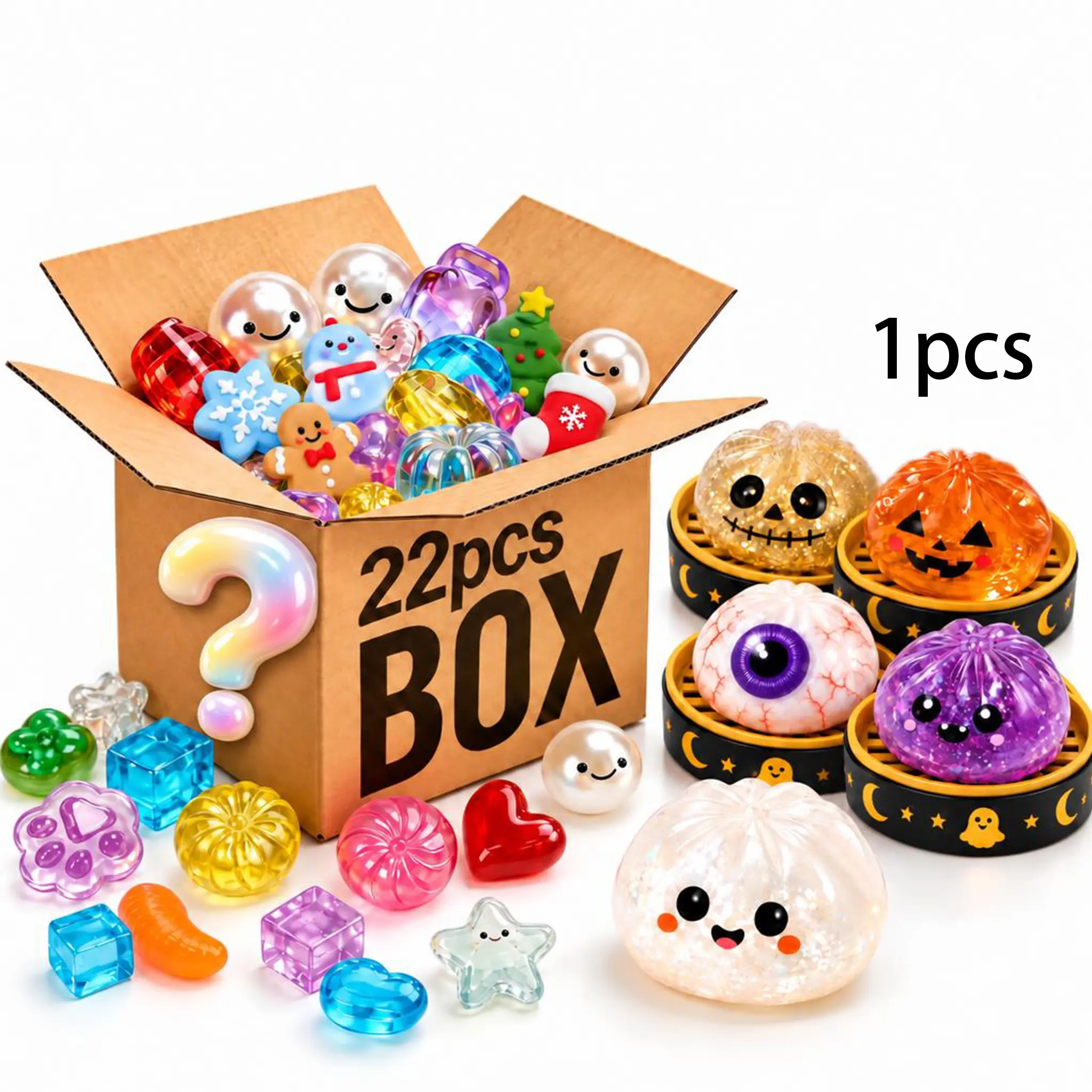 22-pcs set of cute mini squeeze toys — includes a variety of shapes such as Halloween Ghost Bao Bun, Christmas-themed buns, food, fruit, cartoon characters, suitable for Christmas gifts, holiday presents, and party favors Decompression Gift Fidget Sensory