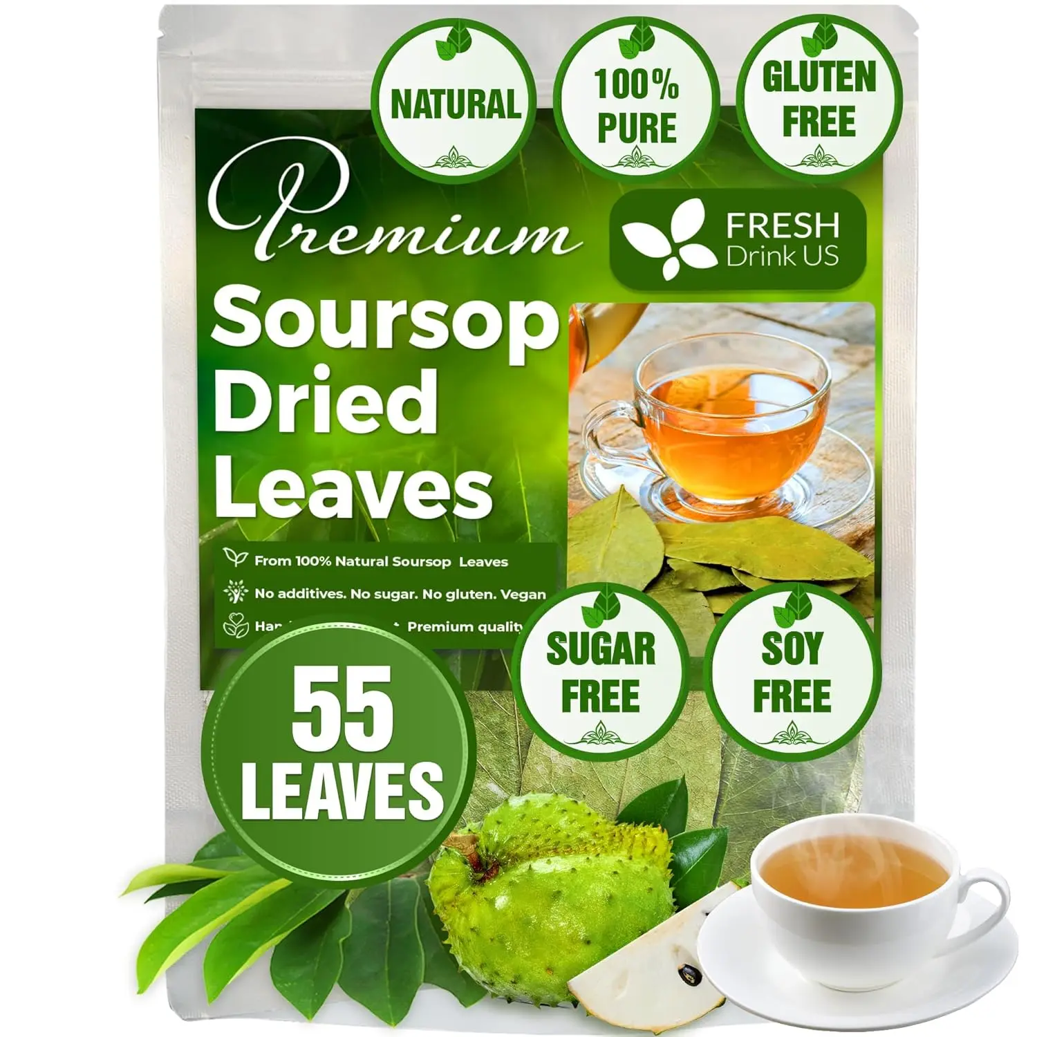 FreshDrinkUS, 55+ Premium Soursop Graviola Dried Leaves, 55-60 Natural Whole Wildcrafted, Graviola, Hoja Guanabana, Loose Leaf Herbal Tea, No Gluten, Vegan