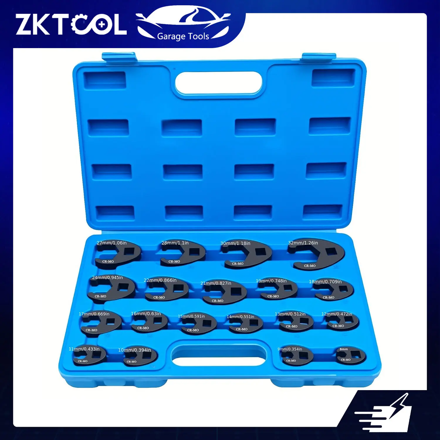 ZKTOOL 19-Piece Multifunctional Wrench Set - Metric Open-End Pipe Tools (8-32mm) for 3/8"-1/2" Drive Ratchets, Compact Storage Flare Tools for Car Repair, Small Spaces, Work Tools